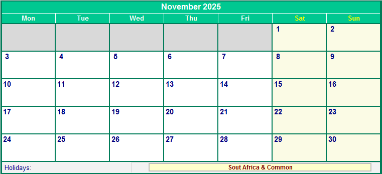 November 2025 Printable Calendar with South Africa Holidays