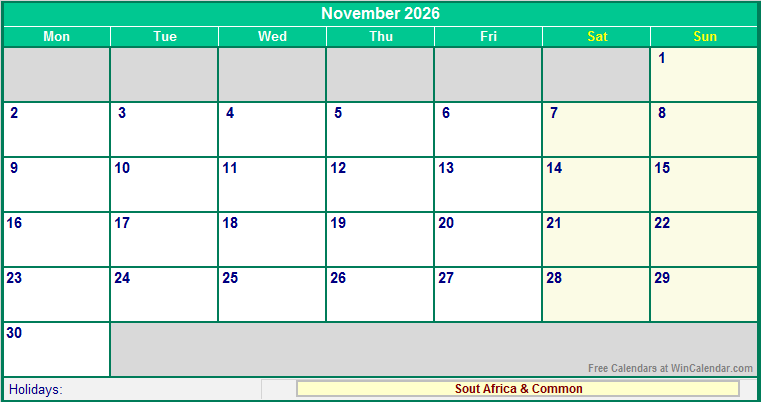 November 2026 Printable Calendar with South Africa Holidays