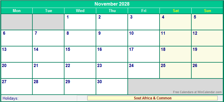 November 2028 Printable Calendar with South Africa Holidays