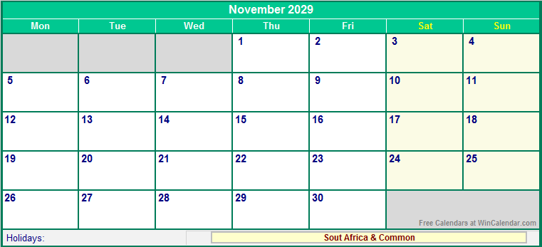 November 2029 Printable Calendar with South Africa Holidays