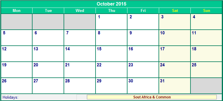 October 2015 Printable Calendar with South Africa Holidays