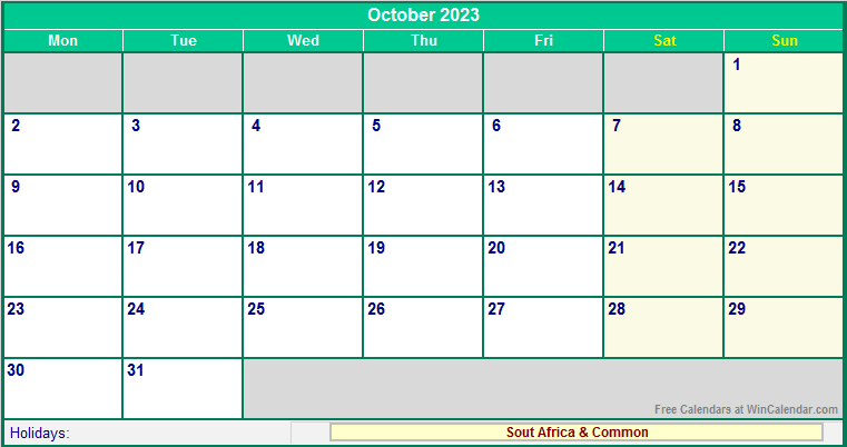 October 2023 Printable Calendar with South Africa Holidays