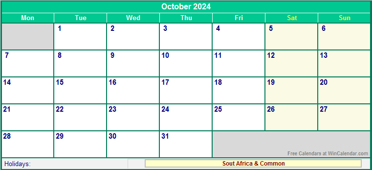 October 2024 Printable Calendar with South Africa Holidays