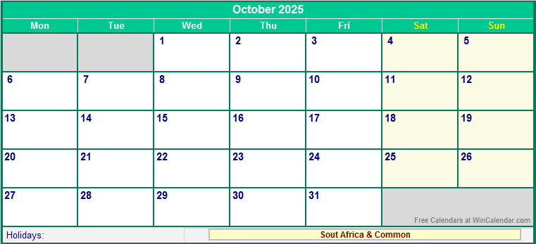 October 2025 Printable Calendar with South Africa Holidays