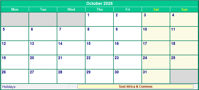 October 2026 Printable Calendar with South Africa Holidays