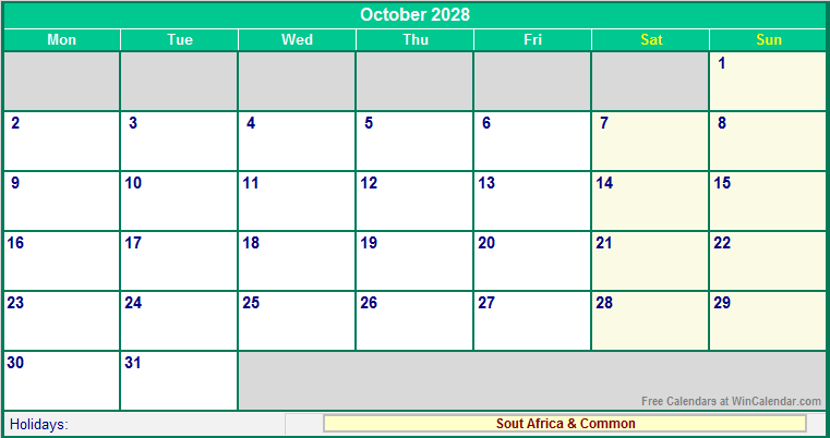 October 2028 Printable Calendar with South Africa Holidays