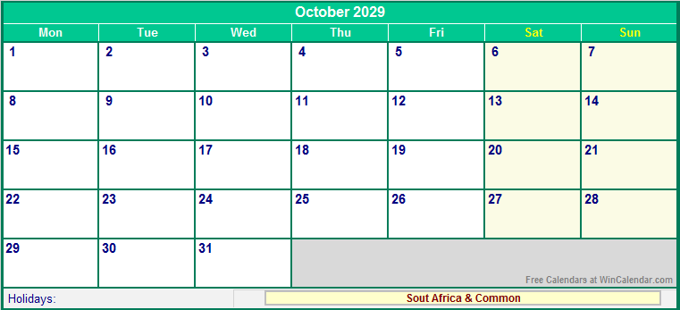 October 2029 Printable Calendar with South Africa Holidays