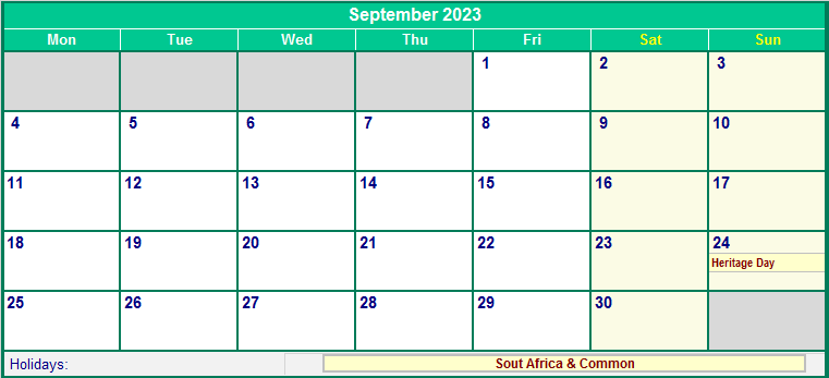 September 2023 Printable Calendar with South Africa Holidays