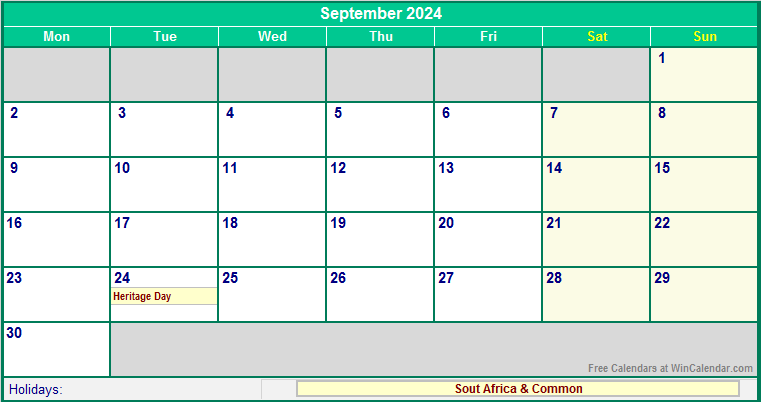 September 2024 Printable Calendar with South Africa Holidays