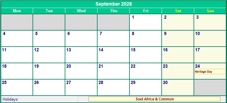 September 2028 Printable Calendar with South Africa Holidays