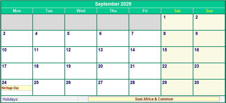 September 2029 Printable Calendar with South Africa Holidays