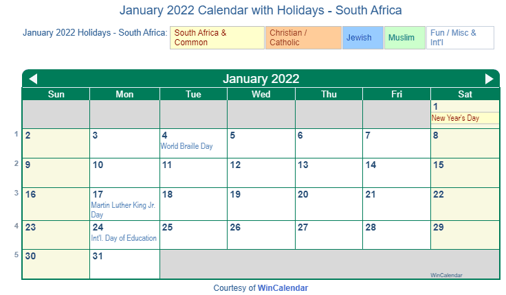 January 2022 Calendar with South Africa Holidays to Print