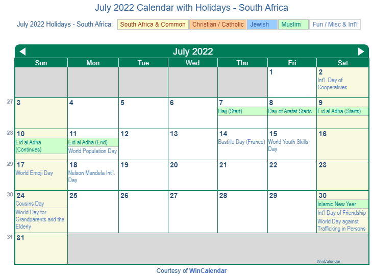 July 2022 Calendar with South Africa Holidays to Print