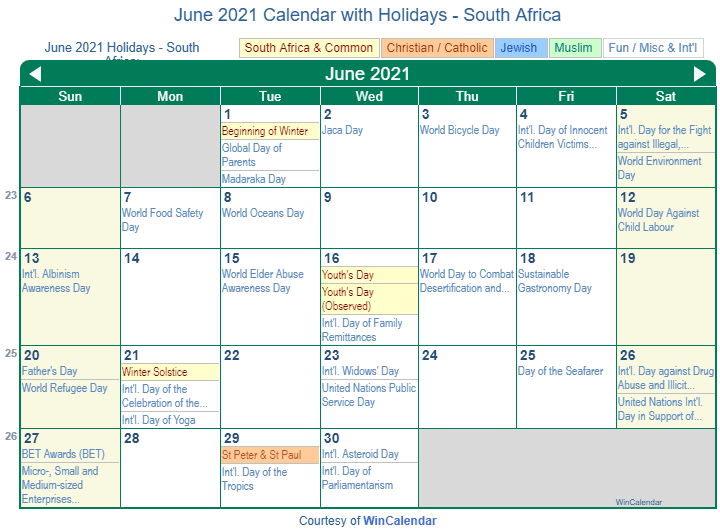 June 2021 Calendar with South Africa Holidays to Print