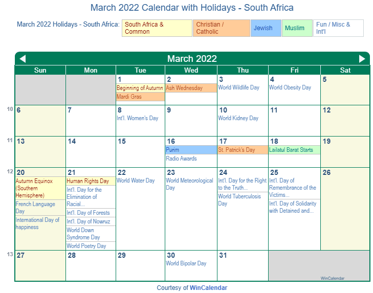 March 2022 Calendar with South Africa Holidays to Print