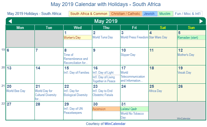 May 2019 Calendar with South Africa Holidays to Print