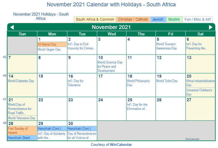 November 2021 Calendar with South Africa Holidays to Print