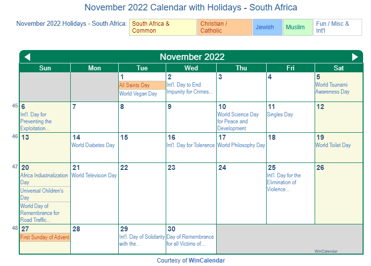 November 2022 Calendar with South Africa Holidays to Print