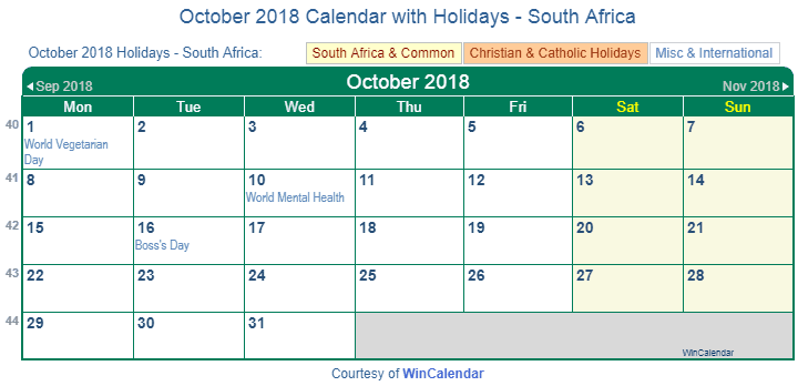 October 2018 Calendar with South Africa Holidays to Print