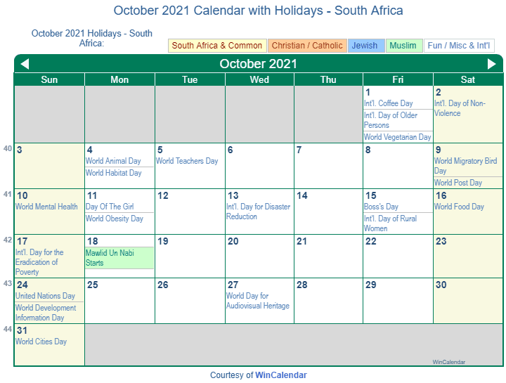 October 2021 Calendar with South Africa Holidays to Print