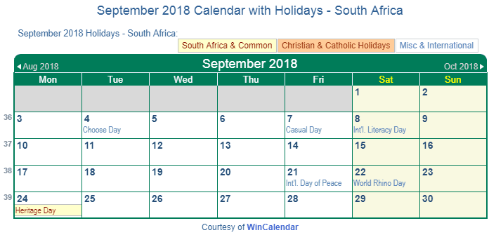 September 2018 Calendar with South Africa Holidays to Print