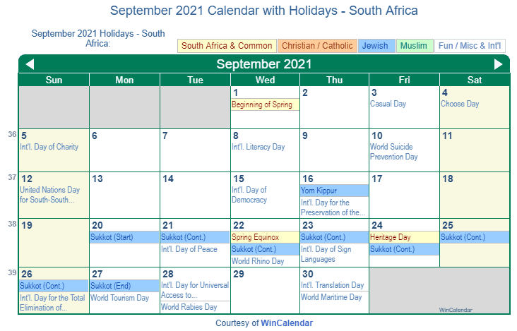 September 2021 Calendar with South Africa Holidays to Print