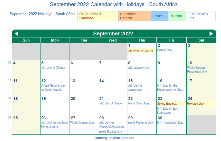 September 2022 Calendar with South Africa Holidays to Print