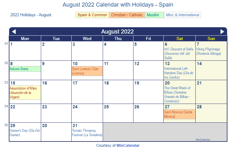 August 2022 Calendar with Spain Holidays to Print