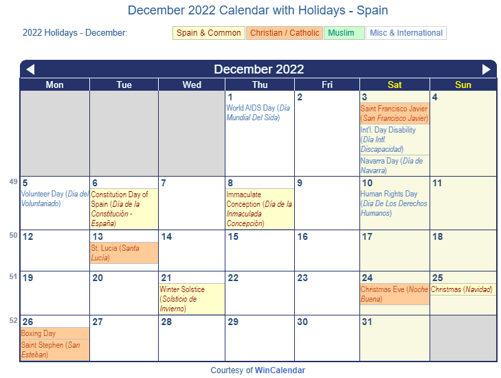 December 2022 Calendar with Spain Holidays to Print
