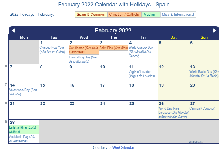 February 2022 Calendar with Spain Holidays to Print