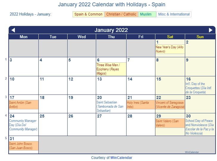 January 2022 Calendar with Spain Holidays to Print