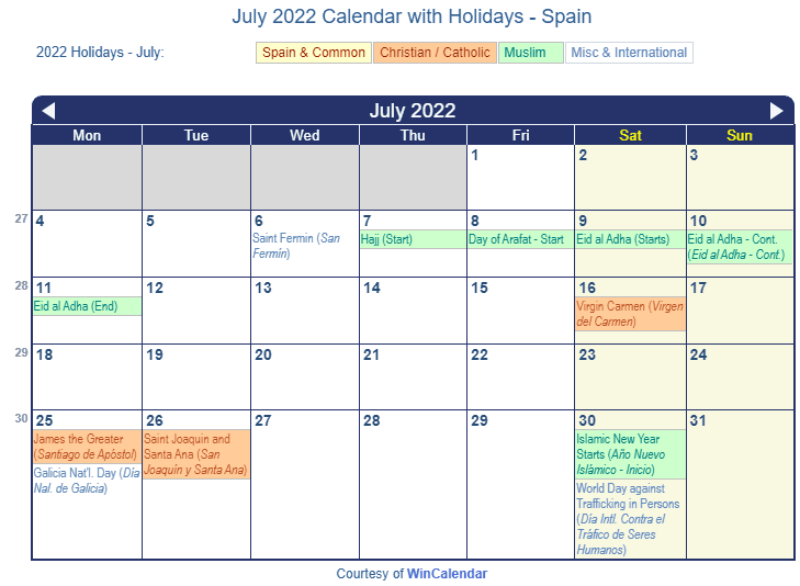 July 2022 Calendar with Spain Holidays to Print
