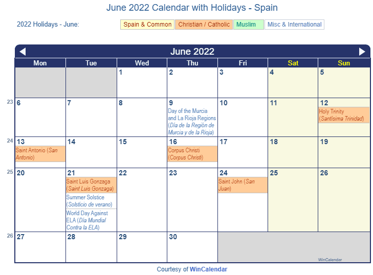 June 2022 Calendar with Spain Holidays to Print