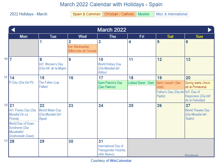 March 2022 Calendar with Spain Holidays to Print