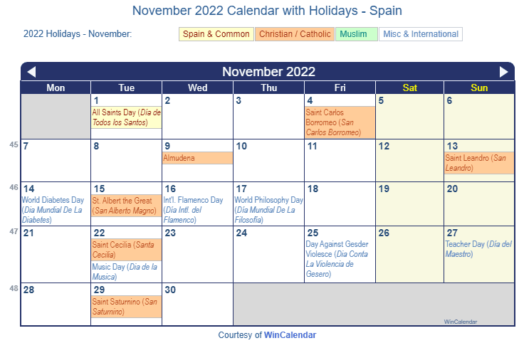 November 2022 Calendar with Spain Holidays to Print
