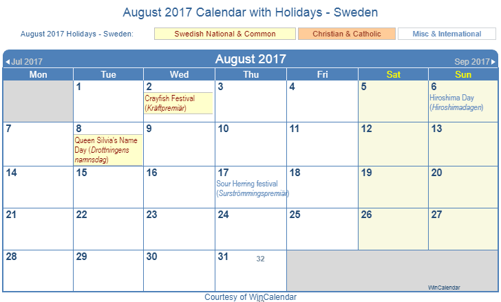 august calendar for 2017 printable