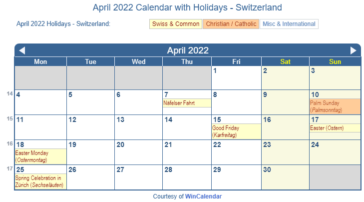 April 2022 Calendar with Swiss Holidays as Image to Print