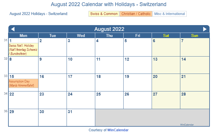 August 2022 Calendar with Swiss Holidays as Image to Print