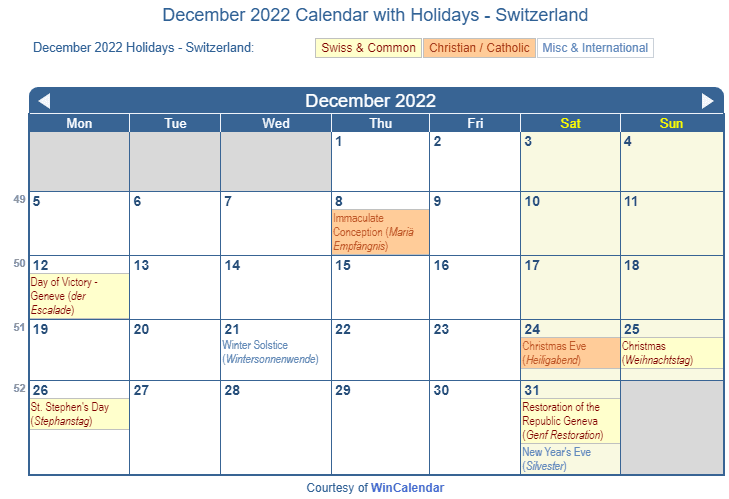December 2022 Calendar with Swiss Holidays as Image to Print