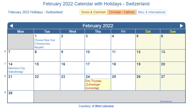 February 2022 Calendar with Swiss Holidays as Image to Print