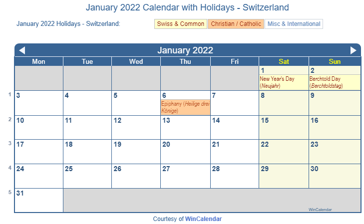 January 2022 Calendar with Swiss Holidays as Image to Print