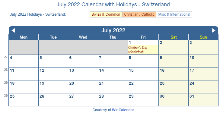 July 2022 Calendar with Swiss Holidays as Image to Print