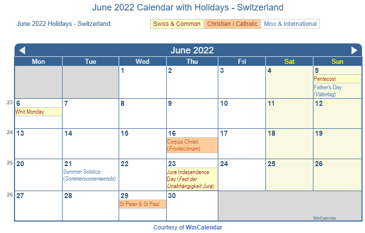 June 2022 Calendar with Swiss Holidays as Image to Print