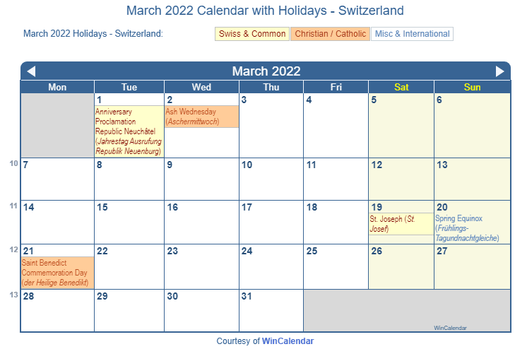 March 2022 Calendar with Swiss Holidays as Image to Print