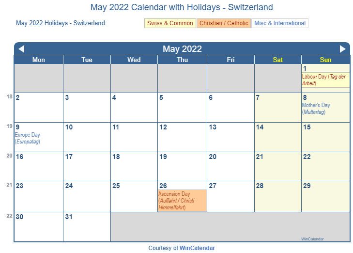 May 2022 Calendar with Swiss Holidays as Image to Print