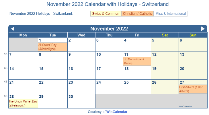 November 2022 Calendar with Swiss Holidays as Image to Print