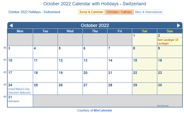 October 2022 Calendar with Swiss Holidays as Image to Print