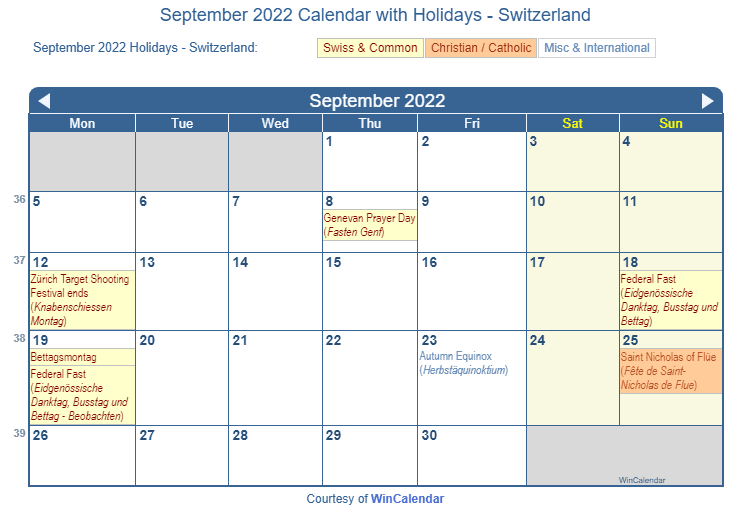 September 2022 Calendar with Swiss Holidays as Image to Print