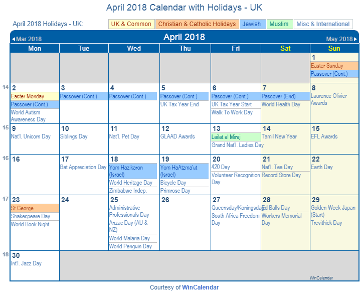 April 2018 Calendar With Holidays Uk 1547