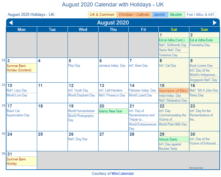 Print Friendly August 2020 UK Calendar For Printing